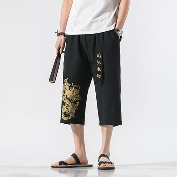 

2020 new summer shorts men's fashion Chinese style embroidered cotton and linen cropped pants men's loose large size 5XL