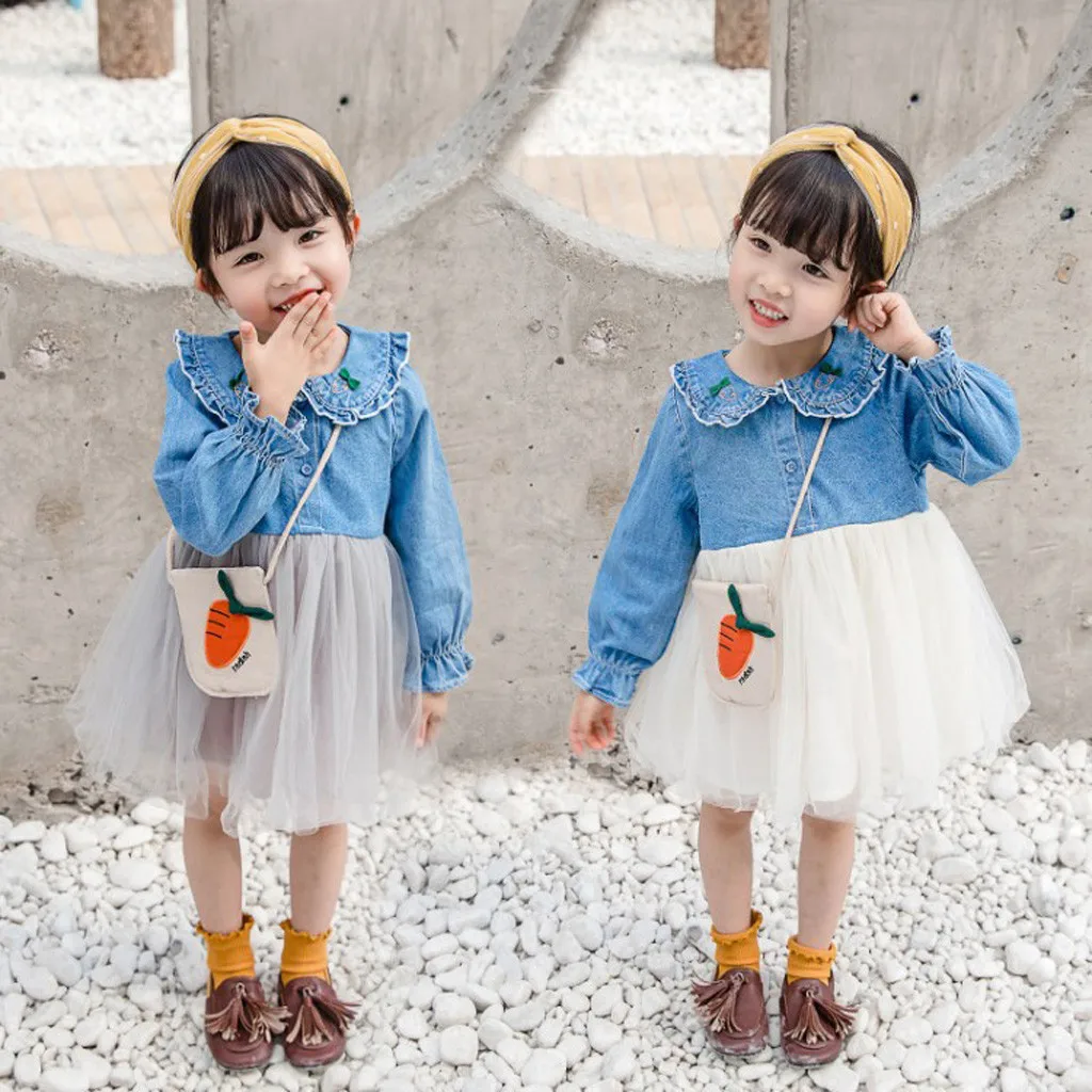 Лето г.; милое корейское платье для маленьких девочек с воротником «Питер Пэн»; Ковбойское лоскутное газовое платье принцессы