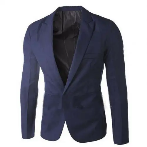 Мужской пиджак, однотонный пиджак с длинным рукавом, на одной пуговице, пиджак, мужские блузки, подходит для офиса, свадьбы, отличный подарок - Цвет: Тёмно-синий