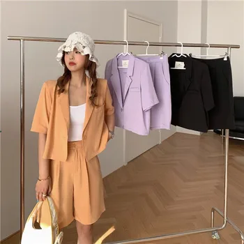 

Xiaoxiangfeng temperament fashion two-piece female Korean suit jacket + high-waist wide-leg five-point shorts summer suit