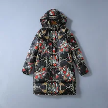 Европейская и американская женская одежда Зимний стиль длинный рукав с капюшоном РЕТРО ПРИНТ утолщенный модный длинный пуховик