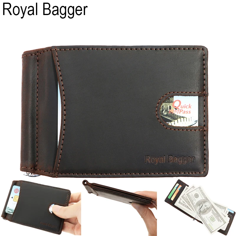Royal Bagger супер тонкий слинг зажим для карт, держатель, короткий кошелек для мужчин из натуральной коровьей кожи, Rfid Противоугонный крутой клатч, сумки, кошельки - Цвет: Dark Brown