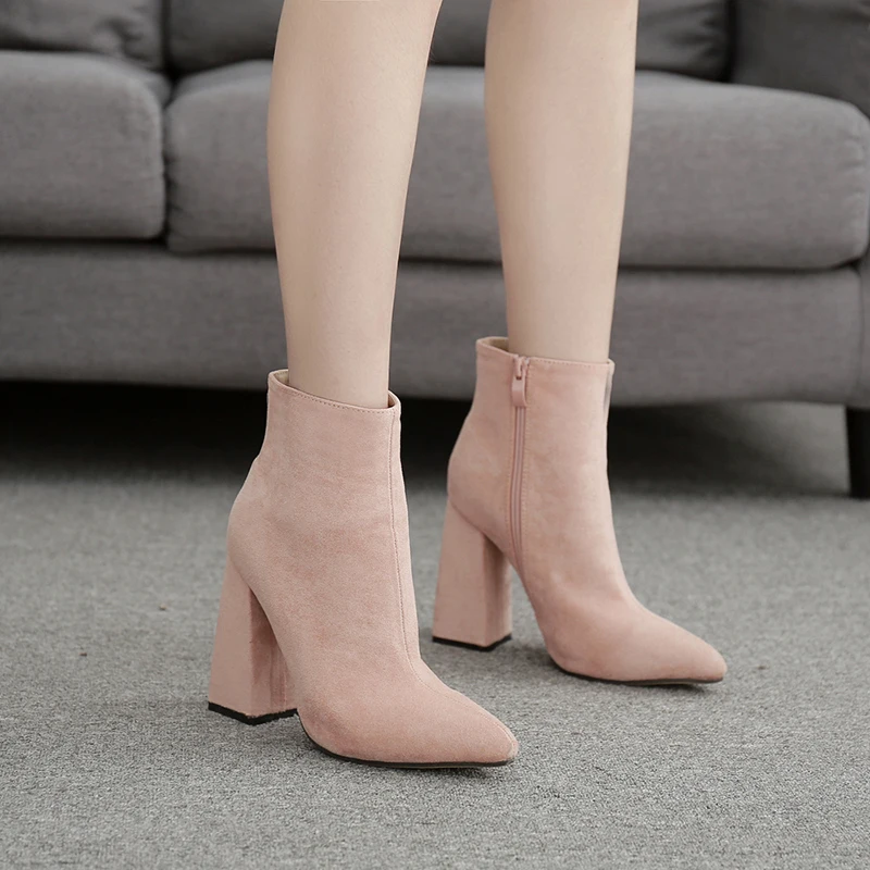 

Flock Ankle Boots Woman High Heels Shoes Zip Pointed Toe Short Boot Big Size Simper Fashion Booties Zapatos De Mujer Pink