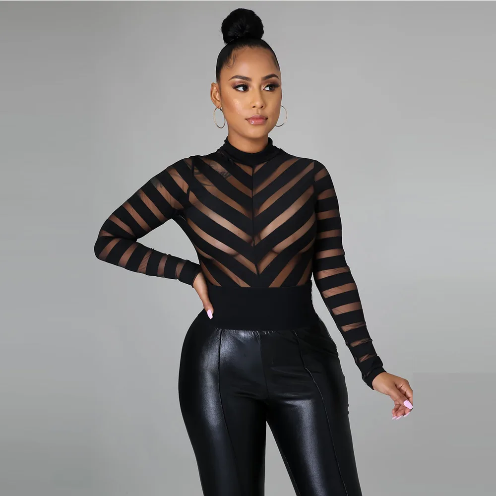 black bodysuit Bodysuit Women Black Mesh Patchwork See-through Full Sleeve Skinny Elastic Women Bodysuits Sexy Night Club Party Chothes 2021 bodysuit women