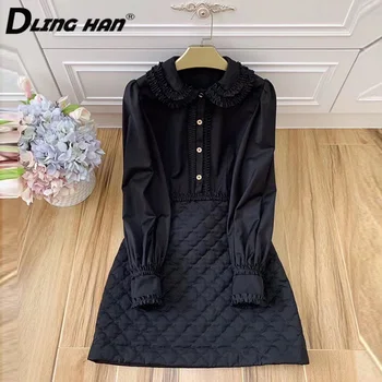 

DLINGHAN Vintage Plaid cotton black Dress Women's Plaid Turn-down Collar Long sleeve party Dresses Designer Autumn Winter New