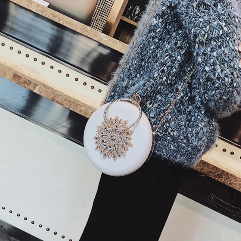 

Round Evening Clutch Luxury Diamond Sunflower Party Bag, Chain Clutch