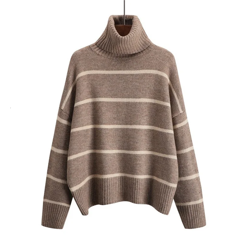 Dark Brown Осень-зима, Женский Повседневный толстый свитер, 3 цвета, водолазка, компьютерная вязка, Полосатый пуловер, свободный, для офиса, женский свитер, Топ - Цвет: Dark Brown