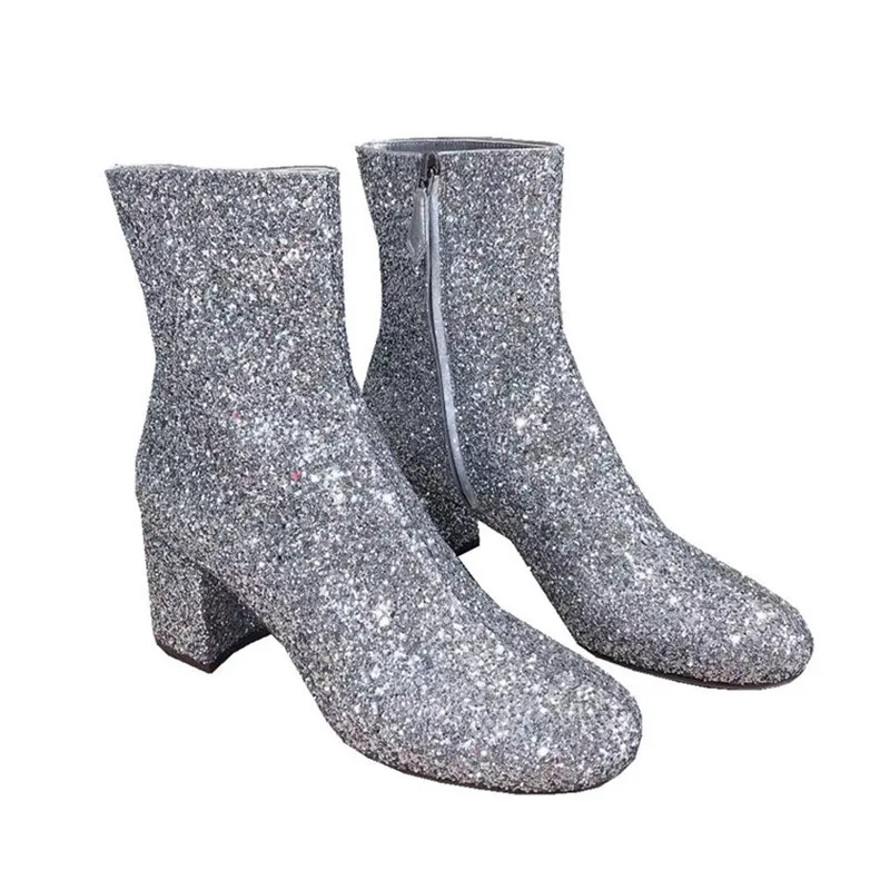 Botas Mujer; сезон весна-осень; ботильоны; обувь с серебристыми блестками; женская обувь на молнии сбоку; Zapatos De Mujer; пикантные ботинки с круглым носком для зрелых женщин