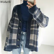 Woherb/винтажный Модный кардиган с v-образным вырезом и длинными рукавами, клетчатые свитера, осенняя зимняя вязаная одежда, топы для женщин, Корейская уличная одежда 90814