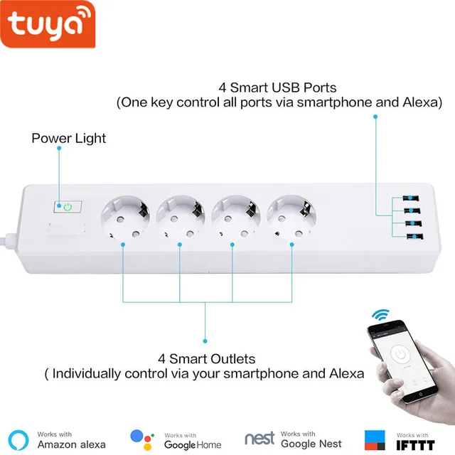 EU Type-F Tuya smart wifi power strip EU standard с 4 разъемами и 4 usb-портом, совместимыми с Amazon Alexa и Google Nest - Цвет: EU Type-F