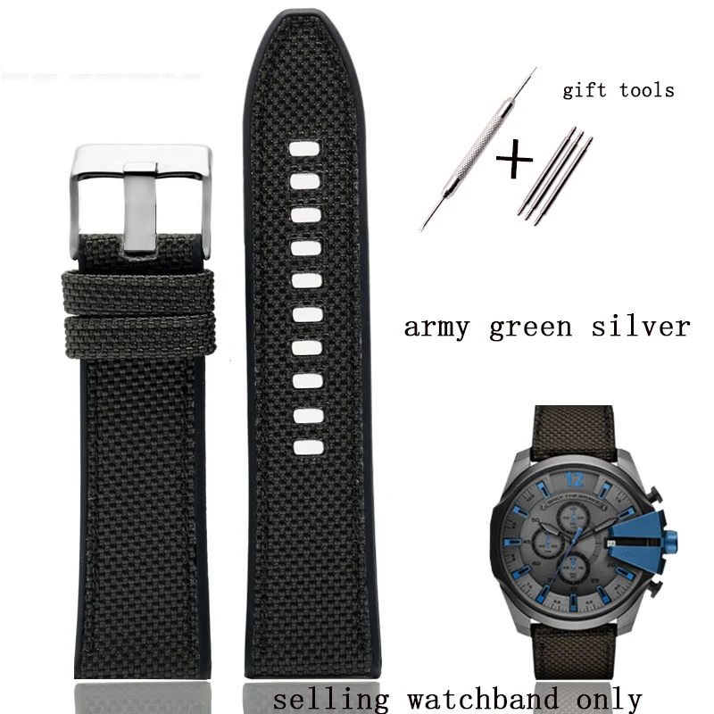army green silver Нейлон+ силикагель подошвой подходят для дисаи офицерские часы ремень DZ4512 DZ7420 DZ7395 DZ4500 DZ4506 из водонепроницаемого материала для мужских часов - Цвет ремешка: army green silver