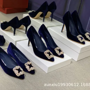 

velvet, Rhinestone Buckle, pointed high-heeled shoes, leather, all-around wedding shoes, women's single shoes party