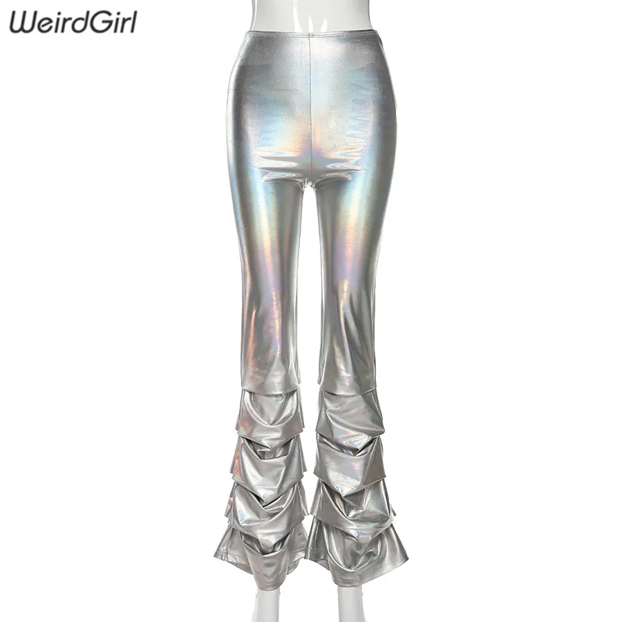 Weirdgirl женские расклешенные штаны, плиссированные блестящие разноцветные тканевые повседневные модные штаны в стиле хип-хоп, уличная одежда, новинка