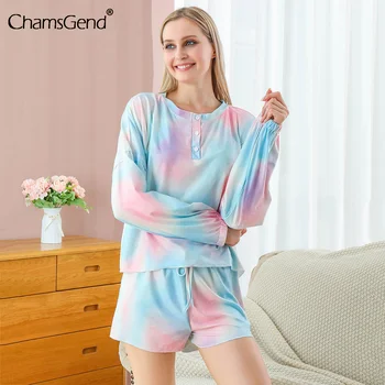 

Women Sleepwear 2 Piece Shirt&shorts Pajamas Set Tie-dye Print Nightwear Intimate Lingerie Pyjamas Long Sleeve Casual Homewear