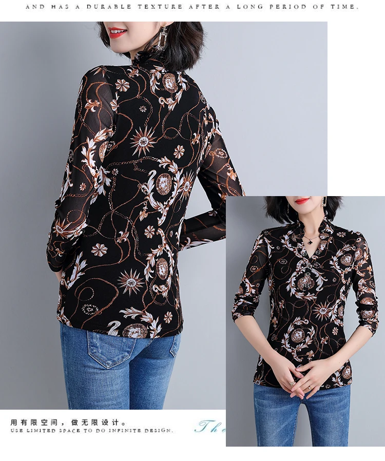 5XL Женские топы с принтом и длинным рукавом, блузки,, модные, стоячий воротник, сетка, булоус, для женщин размера плюс, рабочая одежда, блузки, рубашки