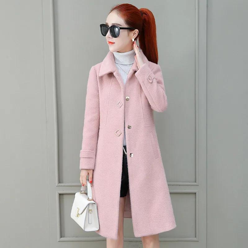 Pink Женское однотонное Фланелевое пальто новая зимняя мода с металлическими вставками отложной воротник однобортное с карманами OL толстое длинное пальто - Цвет: Pink