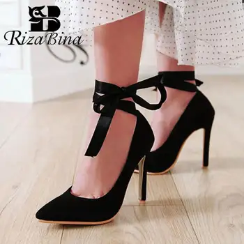 

RIZABINA Plus Size 33-46 Women Pumps Fashion Ankle Strap Flock High Heel Shoes Women Sexy Pointed Toe Wedding Party Footwear