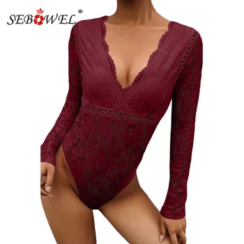 

SEBOWEL New Elegant Woman Long Sleeve Deep V-Neck Floral Lace Bodysuit Spring See Through Skinny Hollow Out Body Tops Clothes