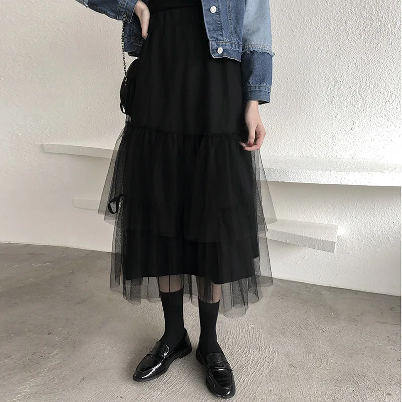 MEVGOHOT осенне-зимняя женская плиссированная юбка белые черные оборки сетка Асимметричная Высокая талия повседневные свободные драпированные юбки HM759