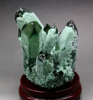 

544g Natural Green Ghost Phantom Quartz Crystal Cluster Crystals and stones Healing Specimen Free wooden base