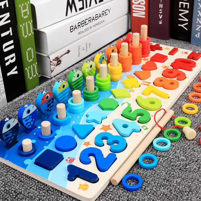 Montessori Educational Wooden Toys For Children Kids Busy Board Math Fishing Preschool Wooden Montessori Toys Count Geometric