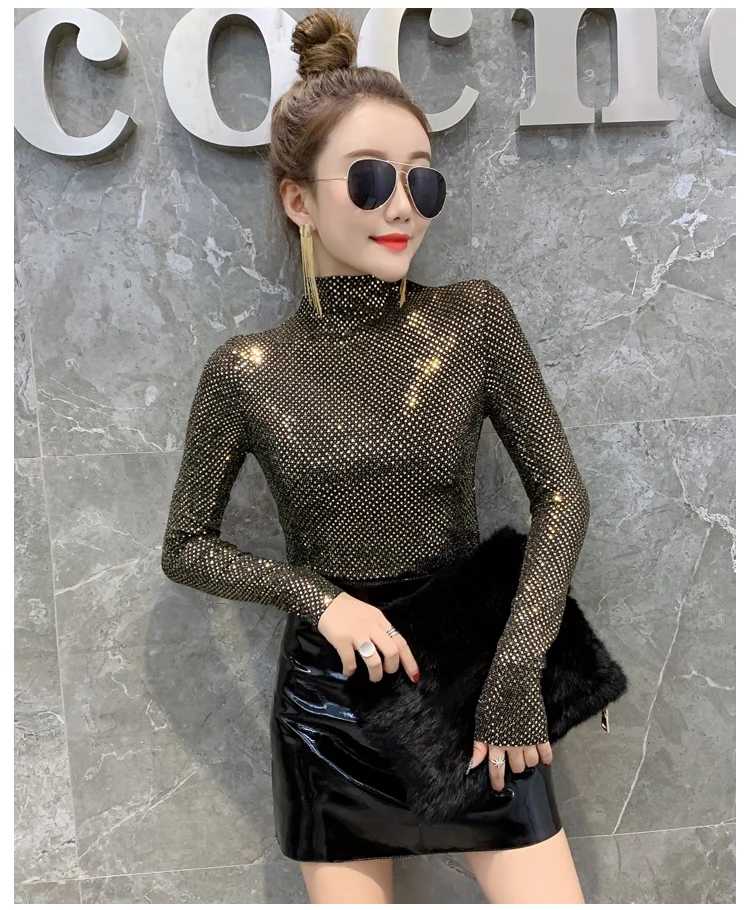 Новая весенне-зимняя футболка с высоким воротником, Женская Облегающая рубашка с длинным рукавом, блестящий топ, Женские базовые топы, футболки, женские футболки