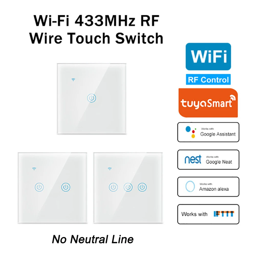 Умный сенсорный выключатель без нейтральной линии 1/2/3 банды Wifi RF 433 МГц
