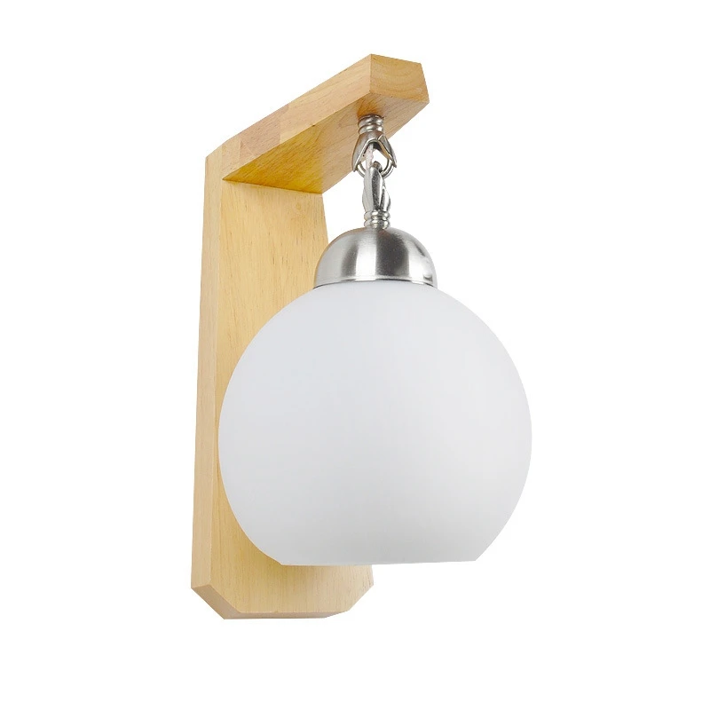 

Wooden Wall Lamp Modern Nordic Style Bulb Wall Lamp Frosted Glass Lampshade + Solid Wood Bedside Night Light