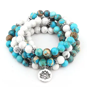 

Fashion Design Howlite Natural Stone Mala Bracelet 108 Beads Mala Wrap High Quality Lotus Bracelets For Women Men
