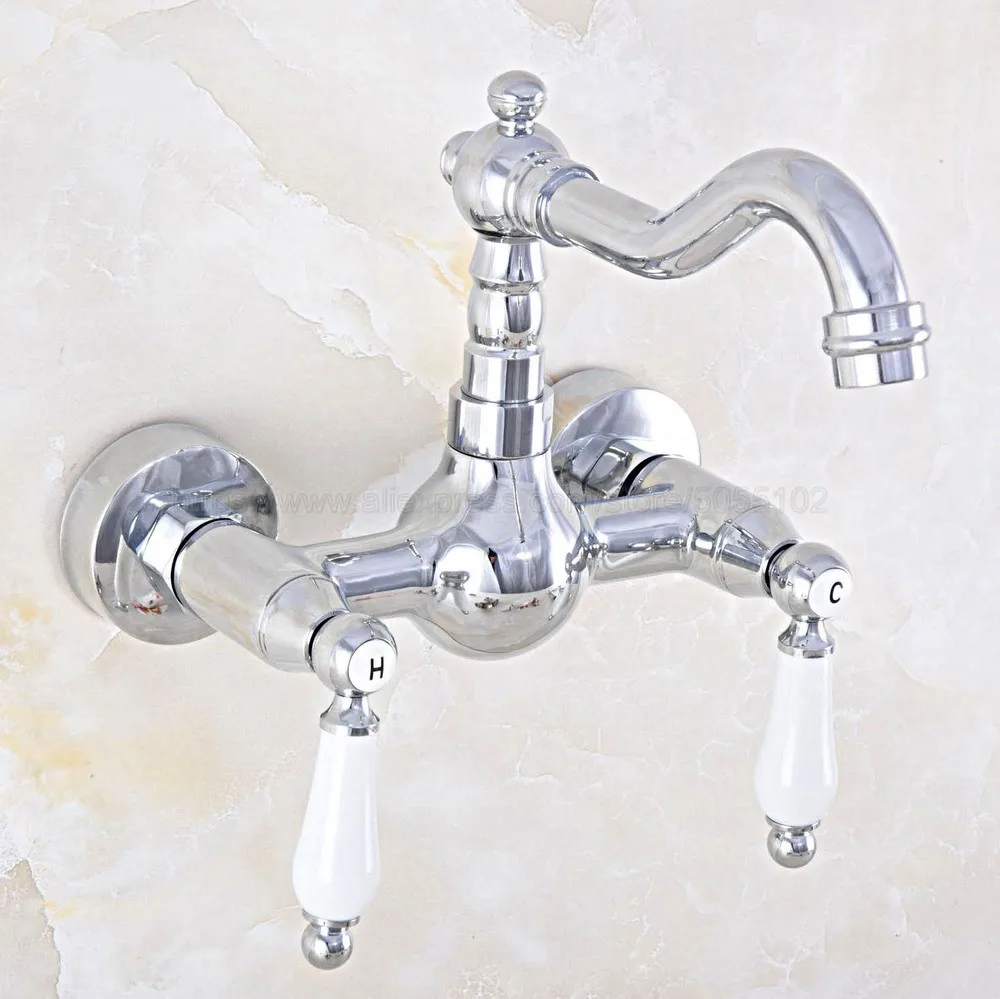 Basin Faucets Polished Chrome Brass Bathroom Kitchen Faucet Swivel Wall Mounted Dual Handle Hot Cold Mixer Taps znf562 | Обустройство