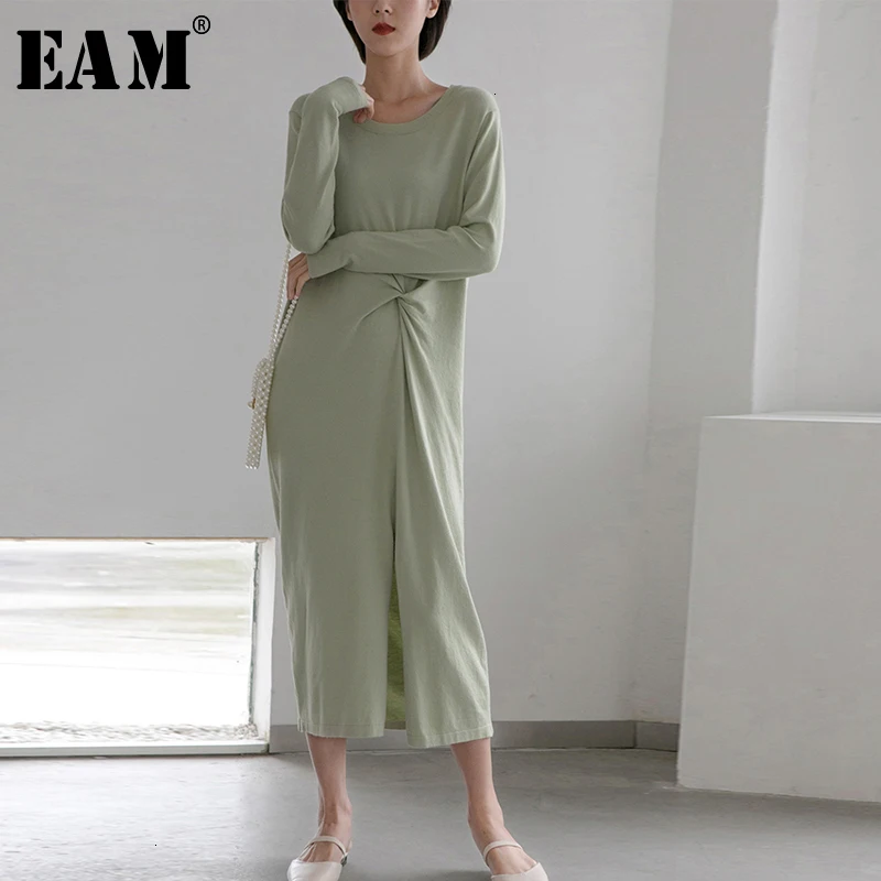

[EAM] Women Knot Split Joint Temperament Long Dress New Round Neck Long Sleeve Loose Fit Fashion Tide Spring Autumn 2019 1D585