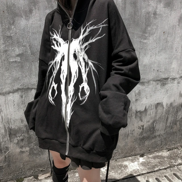 2021 Newest Korean Women's Printed Zipper Ribbon Oversized Hoodie Sweatshirts Retro Black Jacket Sweatshirt Streetwear A