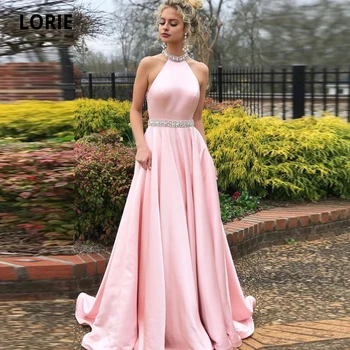 

LORIE Halter Beading Prom Dresses Satin Long 2020 Fashion Pink Crystal Formal Evening Brithday Party Gown Open Back Plus Size