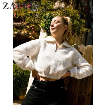 

ZAFUL X Luna Montana Drop Shoulder Teddy Half Zip Sweatshirt Solid Short Women Warm Tops Autumn Winter New Pullover Sweatshirt