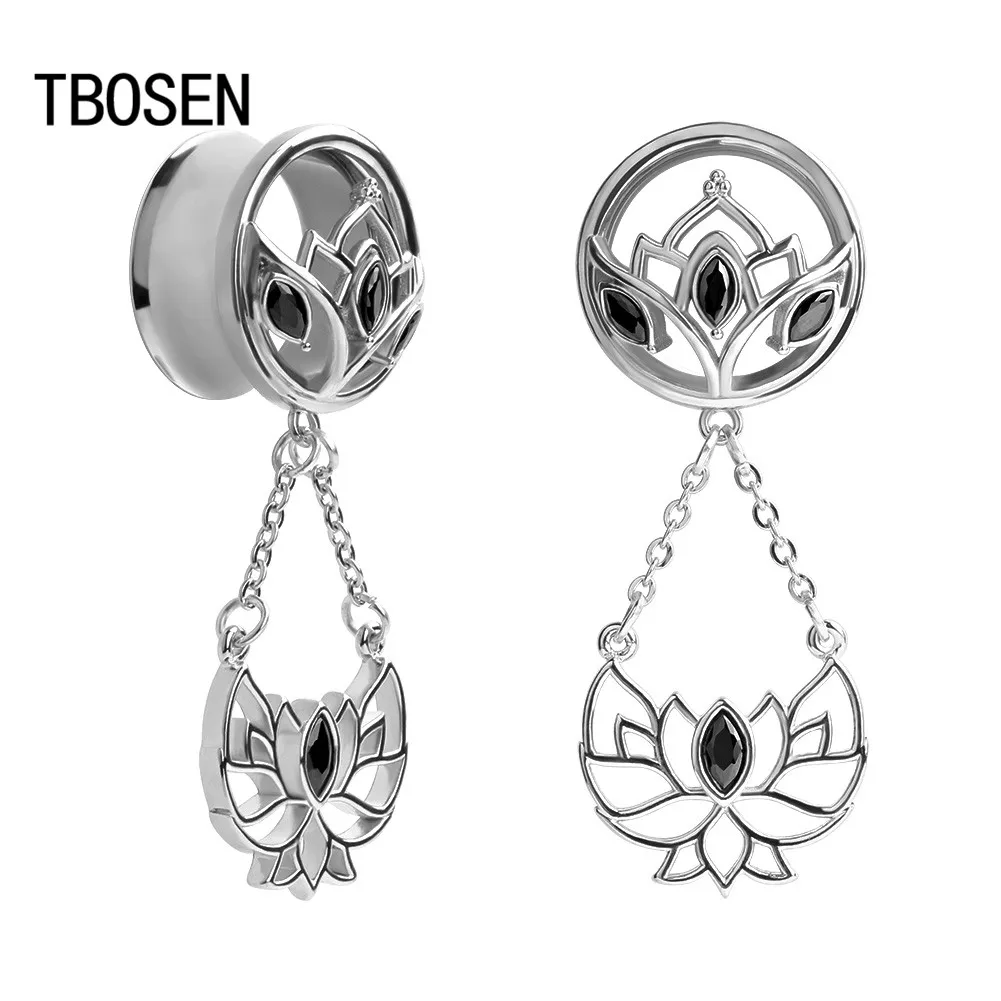 Silver TBOSEN, серьги из нержавеющей стали для Пирсинга Ушей, пробки для пирсинга и тоннели, серьги с кристаллами лотоса, удлинение, пара, распродажа - Окраска металла: Silver