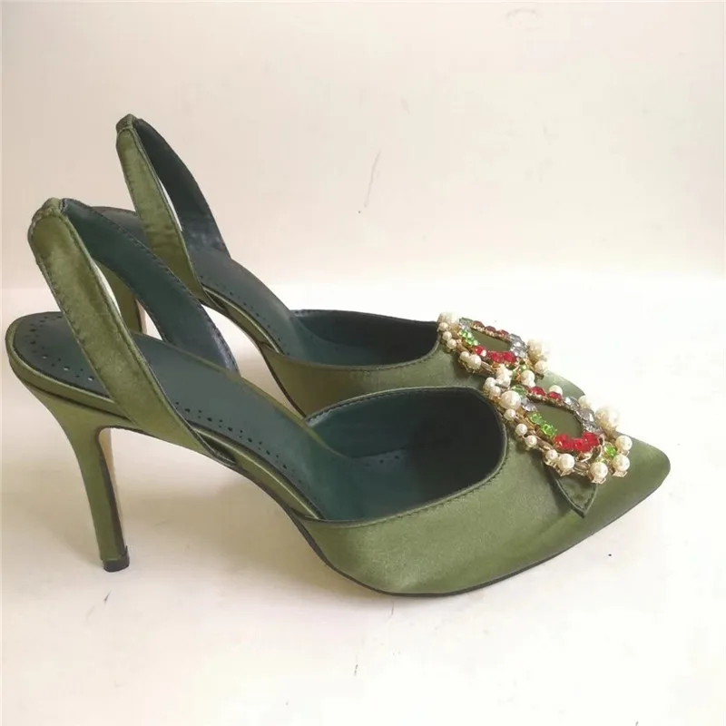 Новинка; шикарные атласные сандалии на каблуке «рюмочка»; обувь с пряжкой и украшением; женские пикантные вечерние туфли с острым носком на тонком каблуке; сандалии с жемчугом и стразами - Цвет: Green