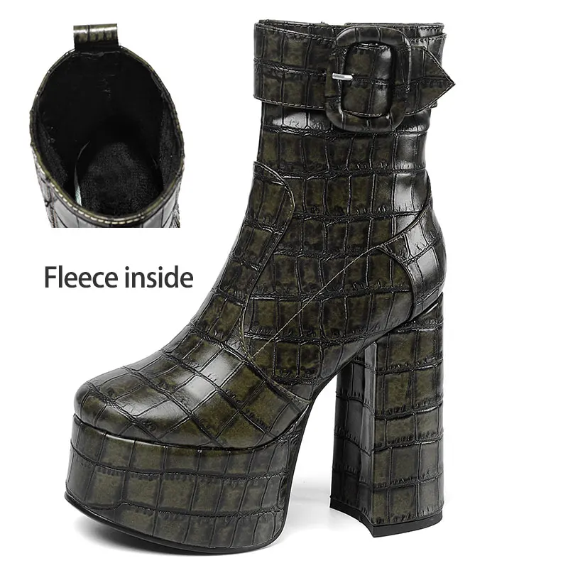 Short fur Green Lsewilly/готическая обувь для подиума на толстом квадратном массивном каблуке и платформе женские ботильоны из микрофибры с пряжкой и узором «крокодиловая кожа» - Цвет: Short fur Green
