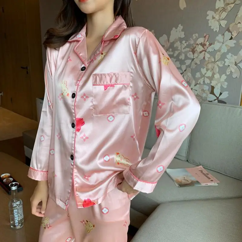 

[Jun xin] Korean-style Spring Women's Model Silk Fold-down Collar Printed Long Sleeve Trousers Home Wear Two-Piece Set