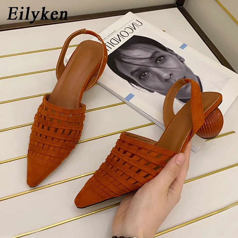 

Eilyken New Design Hollow out Breathable Pointed Toe Women Elegant Pumps Elastic Back Strap Sandals Round Ball Heel Elegant Shoe