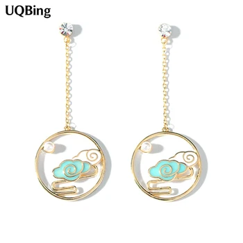 

National Style Round Auspicious Cloud Stud Earrings Ladies Fringed Long Pearl Zircon Earrings