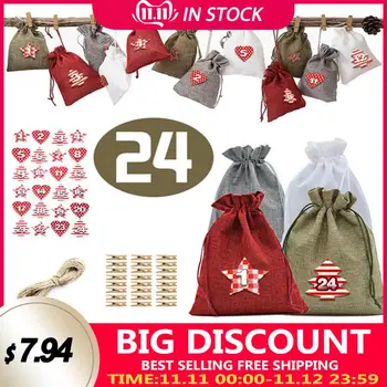 

Christmas Advent Calendar Bags Set 24 Days Burlap Gift Drawstring Bags DIY Christmas Embellishments with Clips Hemp Rope