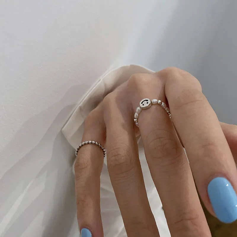 LIVVY Elegant Pearl Bead Stone Elastic Smile Rings For Women Fashion Multi Beaded Adjustable Size High-quality Jewelry Gifts