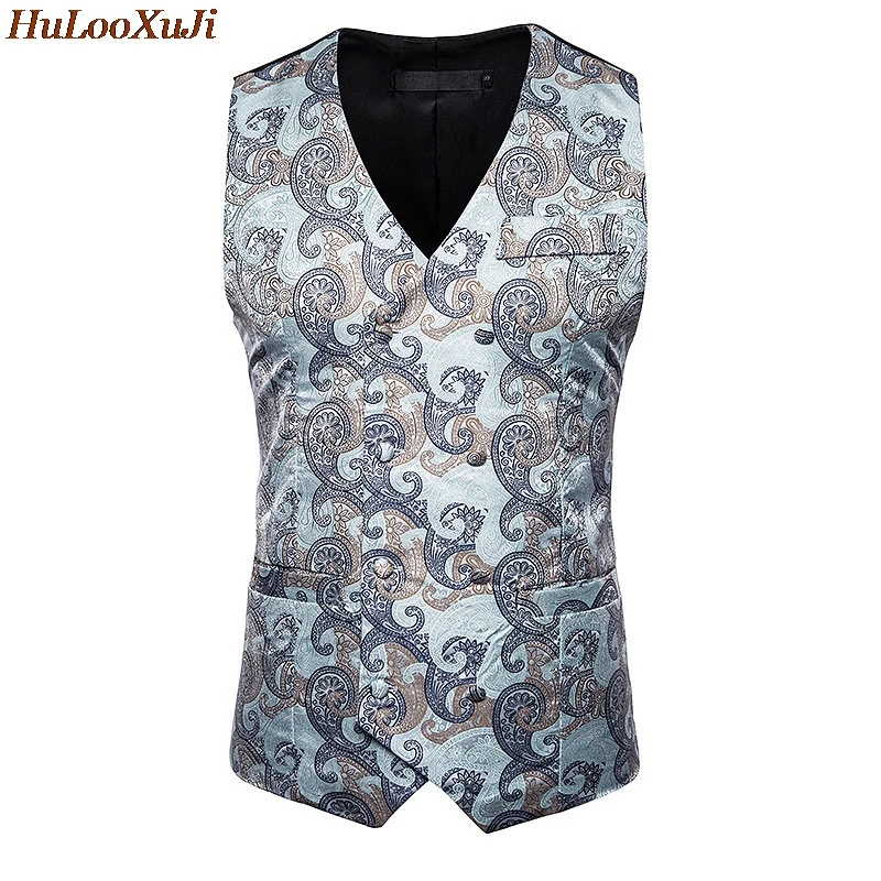 HuLooXuJi мужские деловые жилеты Slim Fit винтажный принт v-образный вырез двубортные Формальные жилеты костюмные жилеты Размер США: S-2XL