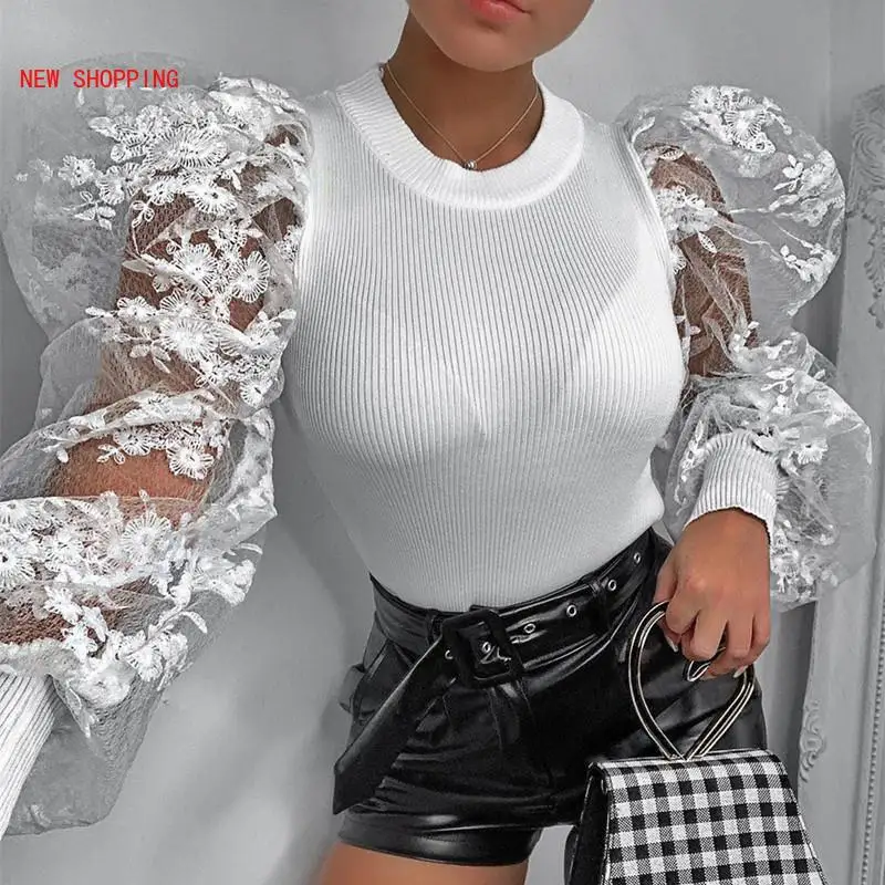 

Women Mesh Puff Long Sheer Sleeve Tops Crochet Blouse Shirts Casual Party Club Sexy Bow Mesh Sheer See-through Casual Blouse