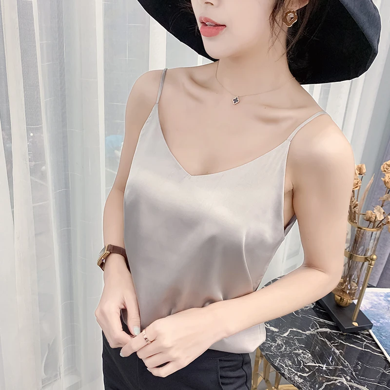 2022 Summer Silk Camis V-Neck Basic Top Women Basic Tank Tops Woman Sleeveless Vest White Satin Corset Top Female Girls Clothing