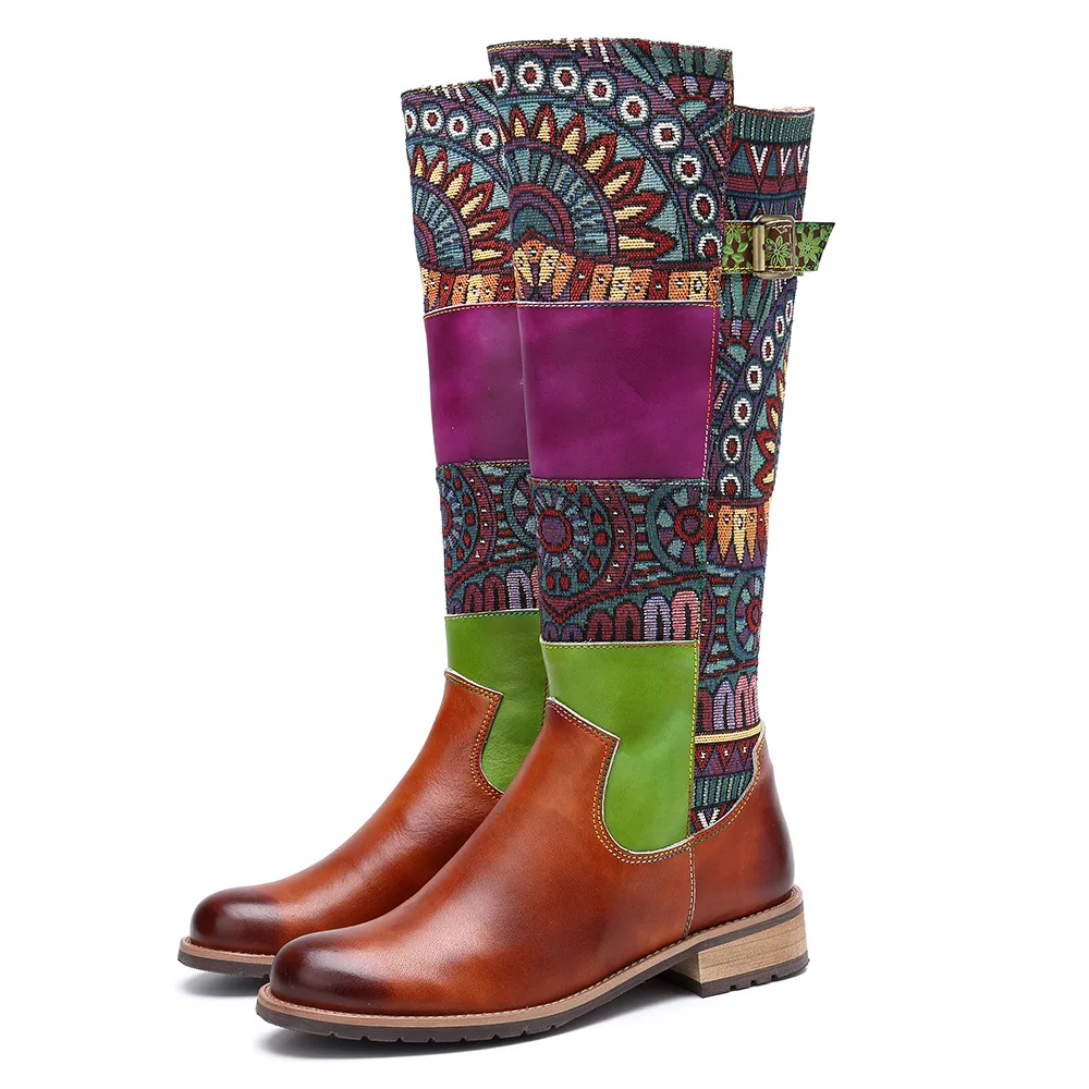 

Macvise Original Fashion Europe Brand Genuine Leather Stitching Color Hit Color Women's Boots Knee Boots Winter Boots Women
