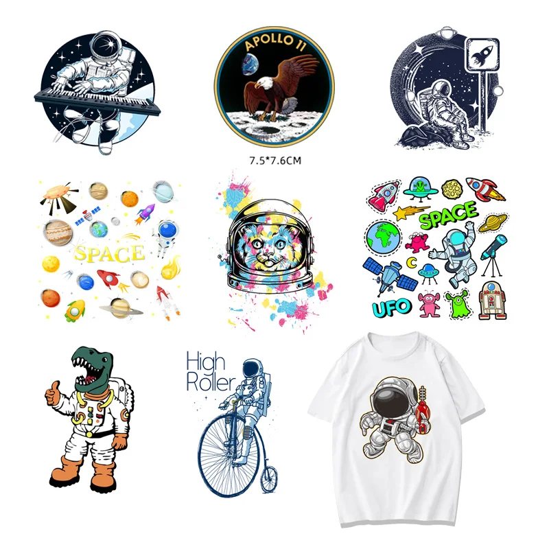 

Round Astronaut Space Universe Alien Iron on Patches Heat Transfer Stickers Boy DIY T-shirt Badges Clothing Applications Decor F