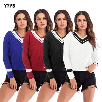 

Womens Hot Sale Autumn Summer Contrast V-neck Knit Pullover Stripe Stitched Twist Top lady Sweater
