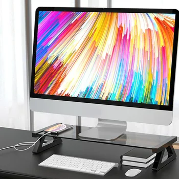 

USB2.0 PC Monitor Stand Tempered Glass Laptop Stand Keyboard Mouse Storage Slot for Computer DQ-Drop