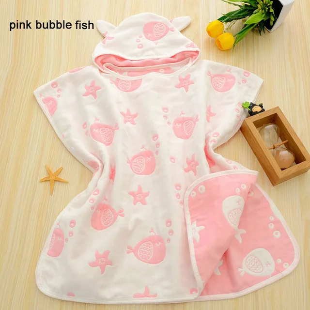 Детское банное полотенце с капюшоном, халат, халат-накидка, слюнявчик для малышей, халат пляжное полотенце, пижама с супер Марио, Пижама-комбинезон - Цвет: Pink bubble fish